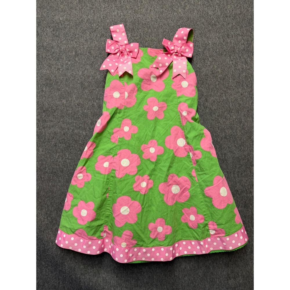 Bonnie Jean Girls Green Pink Floral Polka Dot Bow Crinoline Dress Size 5